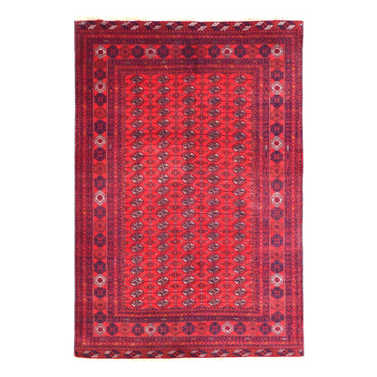 Full view of Fine Turkmen Tekke hand-knotted wool rug with a deep red field, rows of dark gül motifs and geometric borders, 286 x 196 cm