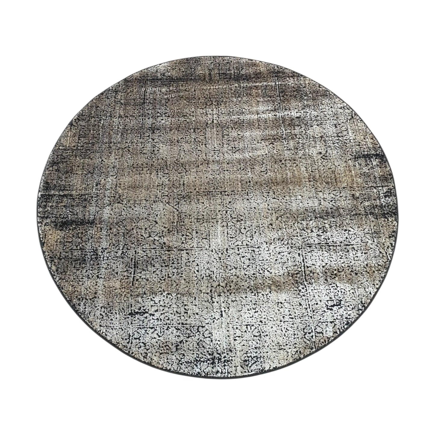 Full view of gold and taupe round rug with textured abstract pattern, 160 cm