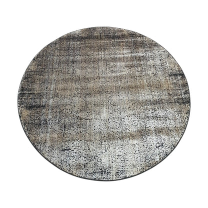 Full view of gold and taupe round rug with textured abstract pattern, 160 cm