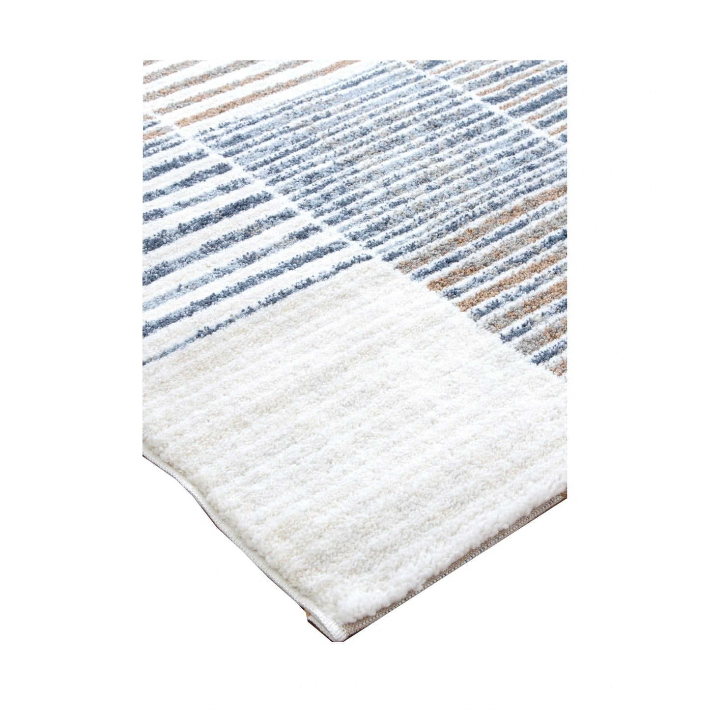 Corner detail of Grace GRAC003 Blue Grey contemporary rug showing bound edge, cream field and blue grey pattern, 230 x 160 cm
