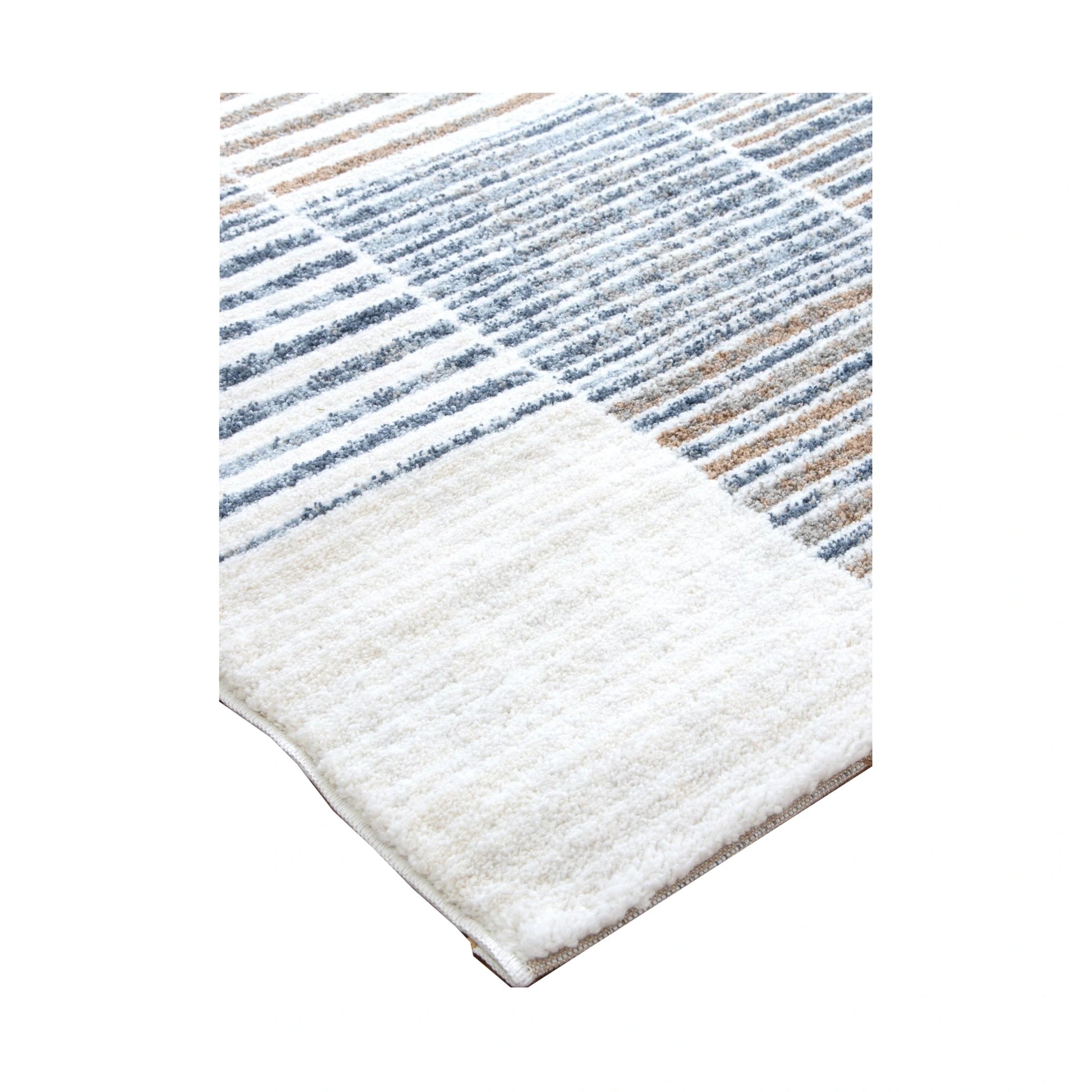 Corner detail of Grace GRAC003 Blue Grey contemporary rug showing bound edge, cream field and blue grey pattern, 230 x 160 cm