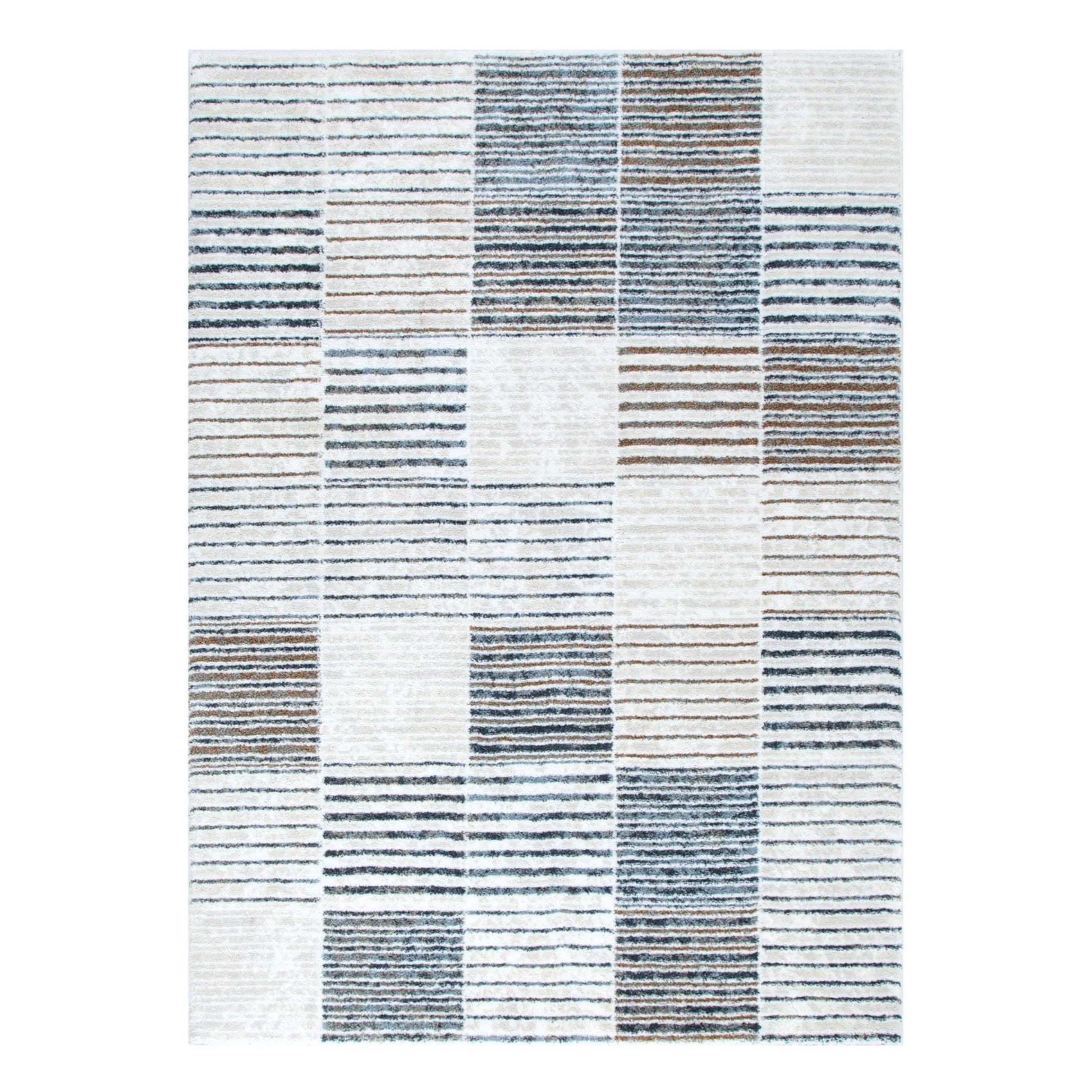 Full view of Grace GRAC003 Blue Grey contemporary rug with block pattern and linear stripe detail, 230 x 160 cm