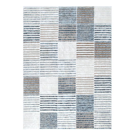 Full view of Grace GRAC003 Blue Grey contemporary rug with block pattern and linear stripe detail, 230 x 160 cm