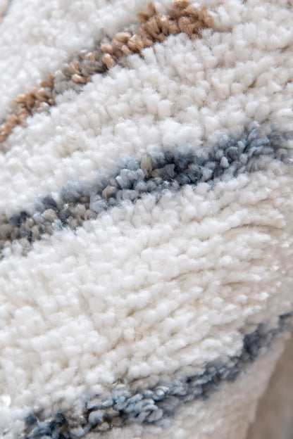 Close-up of Grace GRAC003 Blue Grey rug showing plush polyester pile, blue grey stripe detail and soft texture, 230 x 160 cm