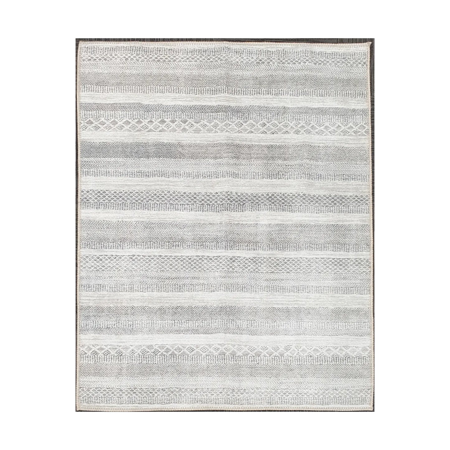Grey ivory geometric stripe cotton rug 170 x 120 cm shown in full view
