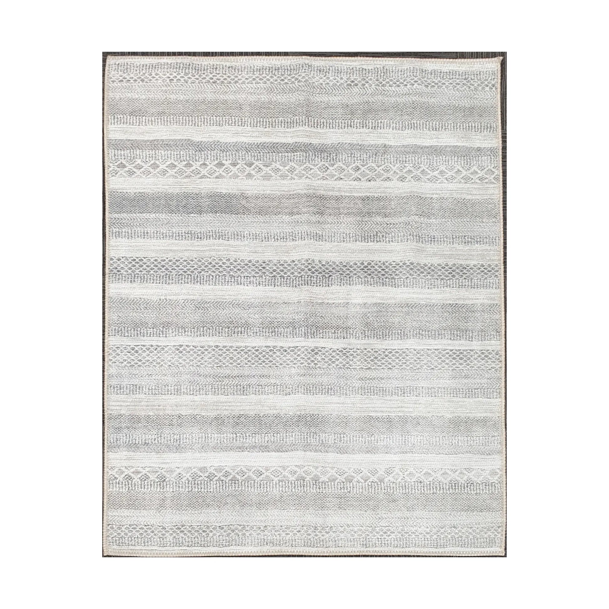 Grey ivory geometric stripe cotton rug 170 x 120 cm shown in full view