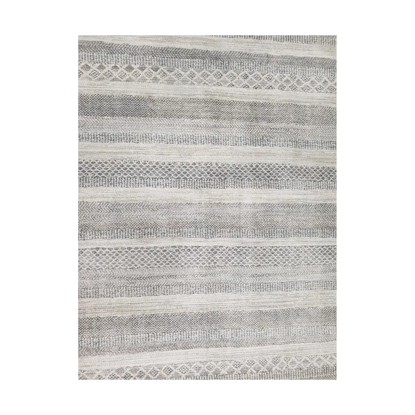 Grey ivory geometric stripe cotton rug shown in full pattern view