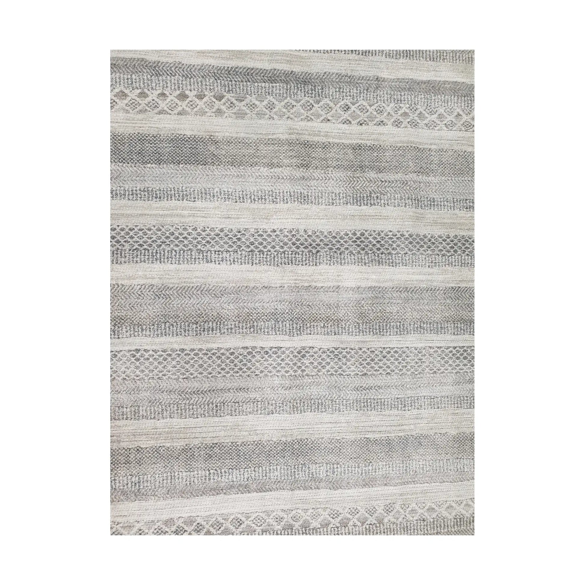 Grey ivory geometric stripe cotton rug shown in full pattern view