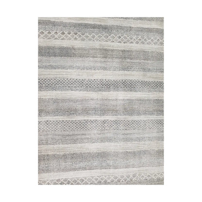 Grey ivory geometric stripe cotton rug shown in full pattern view