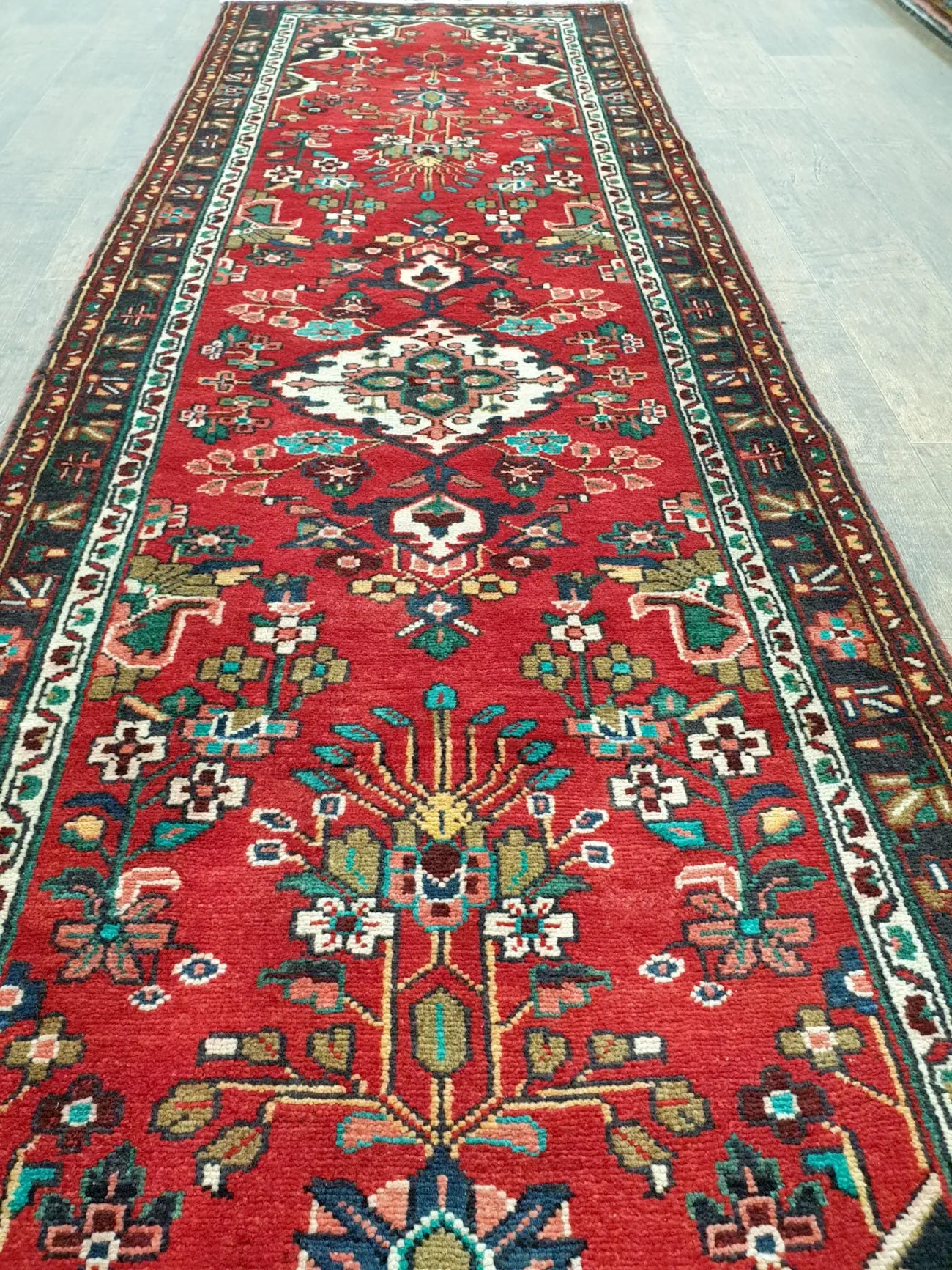 Hamadan runner rug 295 x 86 cm length view showing repeating motifs