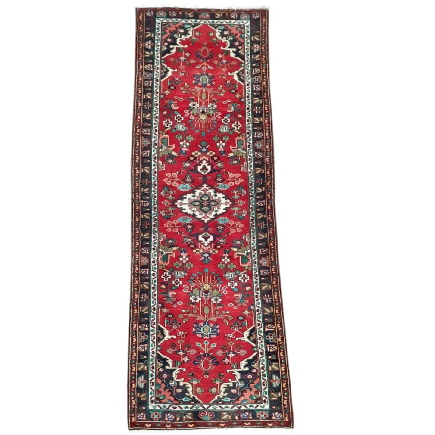 Hamadan runner rug 295 x 86 cm full view red geometric pattern