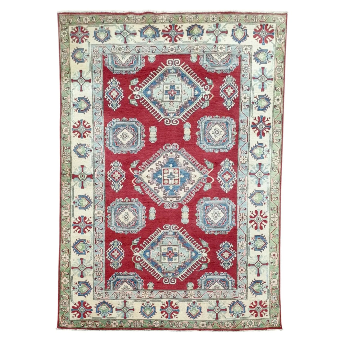 Hand-knotted Kazak wool rug in red geometric design, 298 x 196 cm