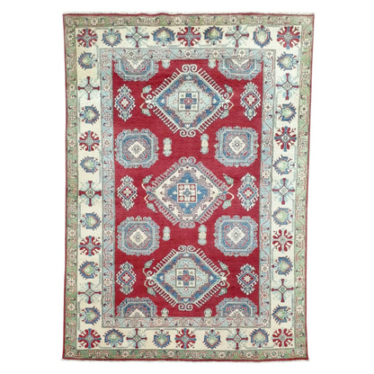 Hand-knotted Kazak wool rug in red geometric design, 298 x 196 cm