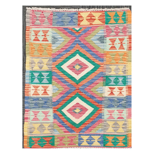Full view of handwoven Afghan Chobi Kilim rug with multicolour stacked diamond panel on an ivory ground, 109 x 80 cm