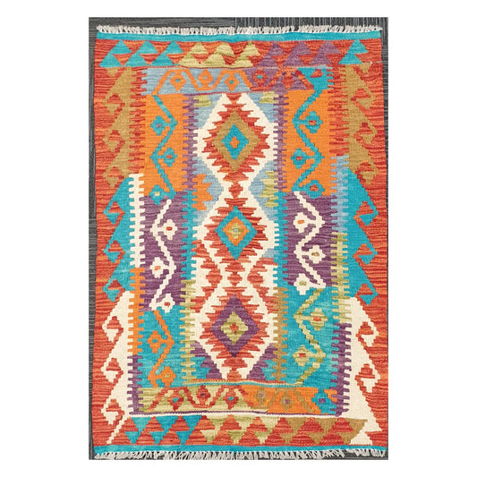 Full view of handwoven Afghan Chobi Kilim wool rug with vibrant tribal diamond motif, 113 x 89 cm