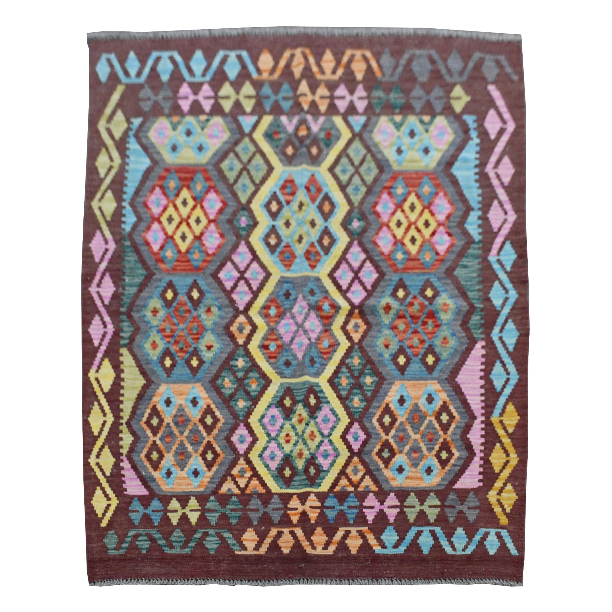 Handwoven Chobi Kilim rug 171 x 131 cm full view with burgundy border and colourful geometric pattern