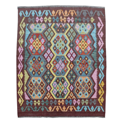 Handwoven Chobi Kilim rug 171 x 131 cm full view with burgundy border and colourful geometric pattern