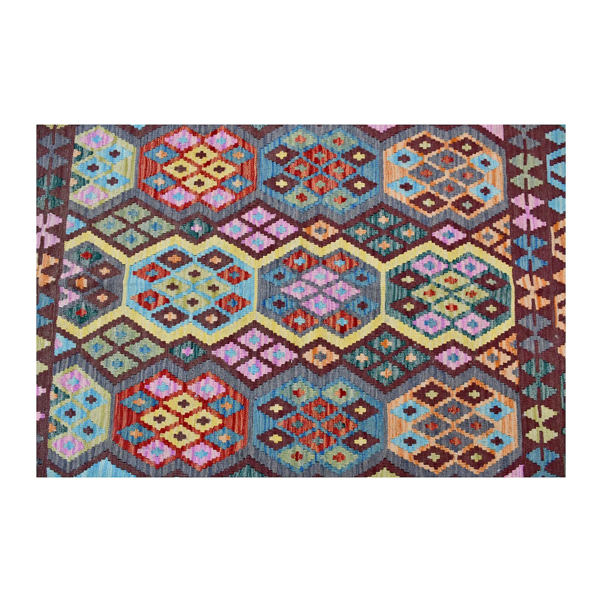 Close detail of Chobi Kilim geometric field with teal, ivory, rust and pink motifs