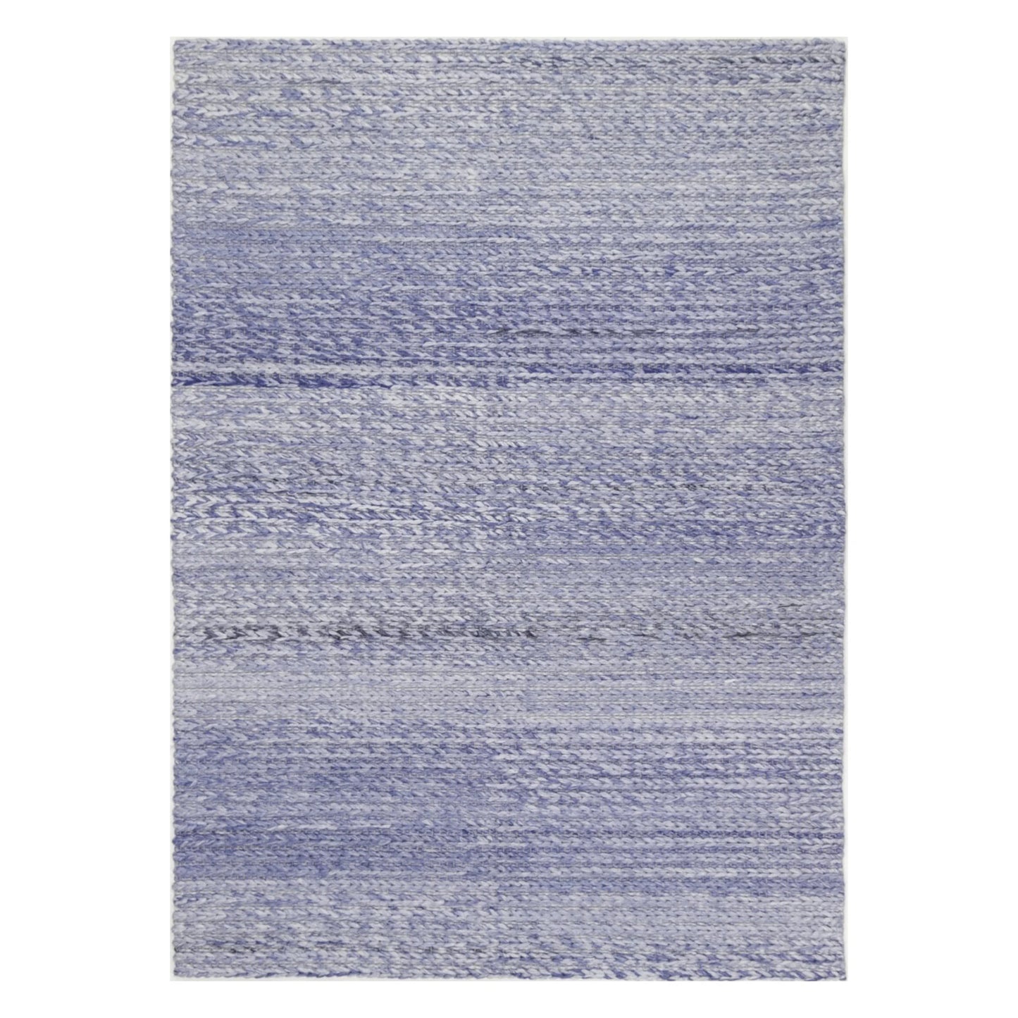 Full view of Harlow blue hand-tufted wool rug with soft grey tonal bands, 230 x 160 cm