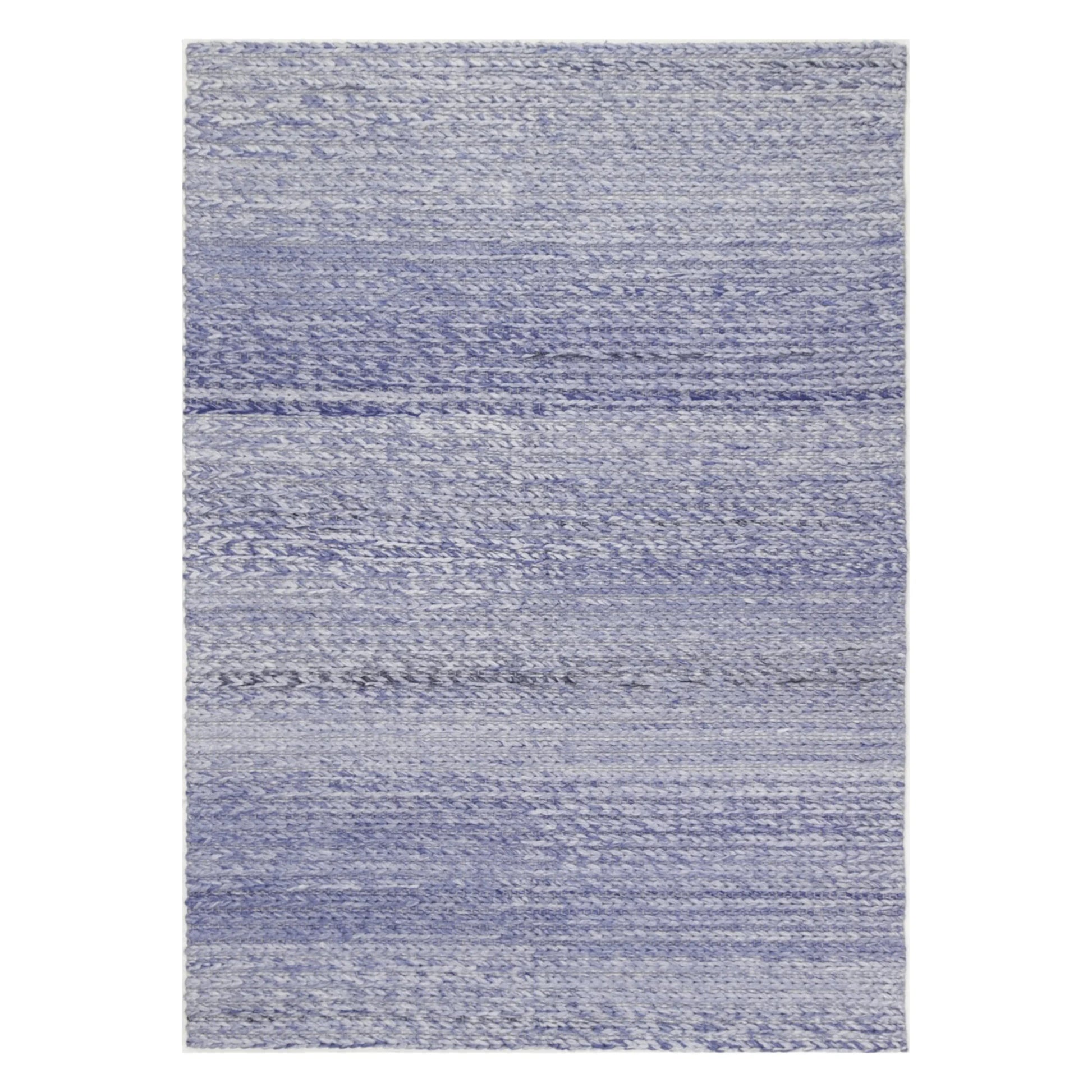 Full view of Harlow blue hand-tufted wool rug with soft grey tonal bands, 230 x 160 cm