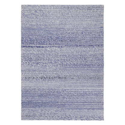 Full view of Harlow blue hand-tufted wool rug with soft grey tonal bands, 230 x 160 cm
