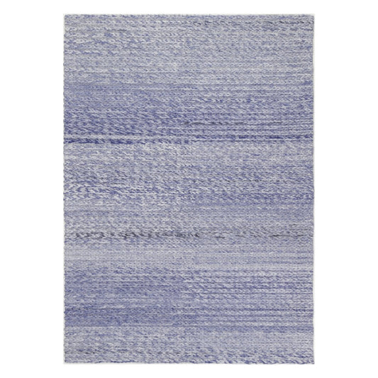 Full view of Harlow blue hand-tufted wool rug with soft grey tonal bands, 230 x 160 cm