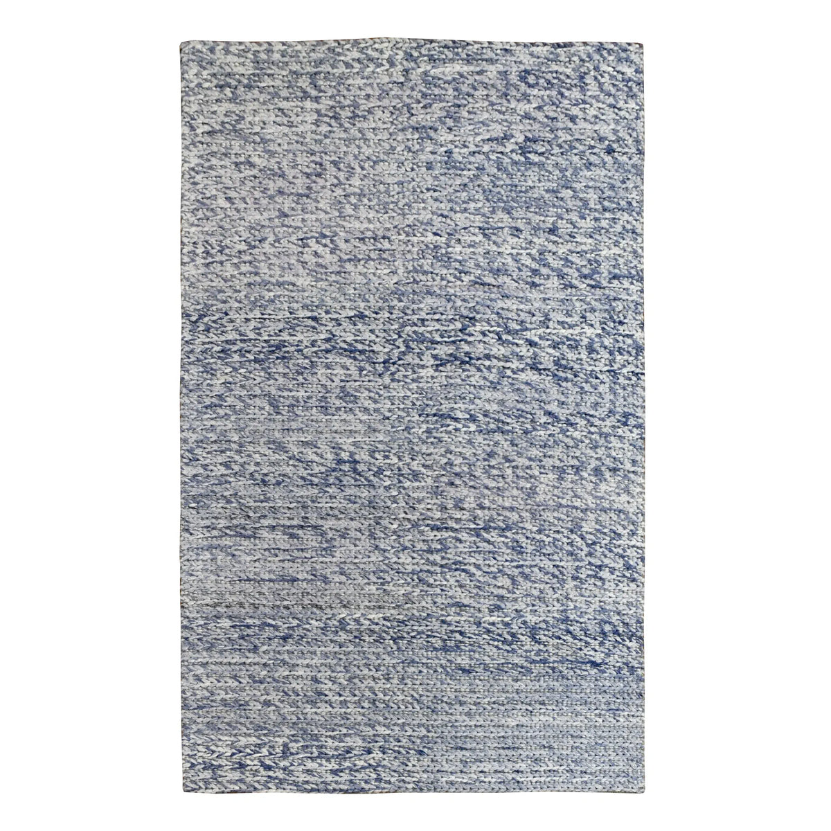 Full view of Harlow blue hand-tufted wool rug with a textured blue-grey field and tonal horizontal bands, 230 x 160 cm