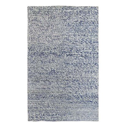 Full view of Harlow blue hand-tufted wool rug with a textured blue-grey field and tonal horizontal bands, 230 x 160 cm