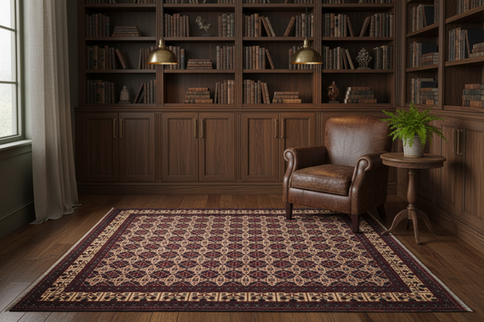Afghan Kunduz hand-knotted wool rug styled in a sophisticated study with dark timber bookshelves and leather armchair
