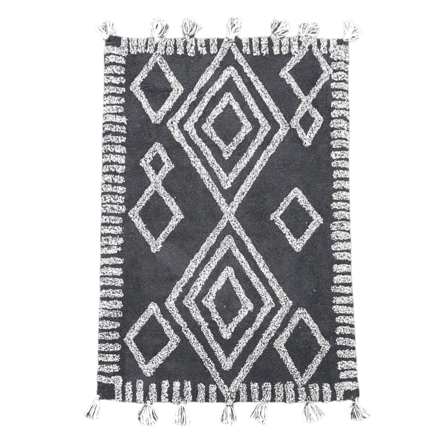 Full view of Indian cotton black diamond rug 120 x 80 cm with ivory geometric pattern
