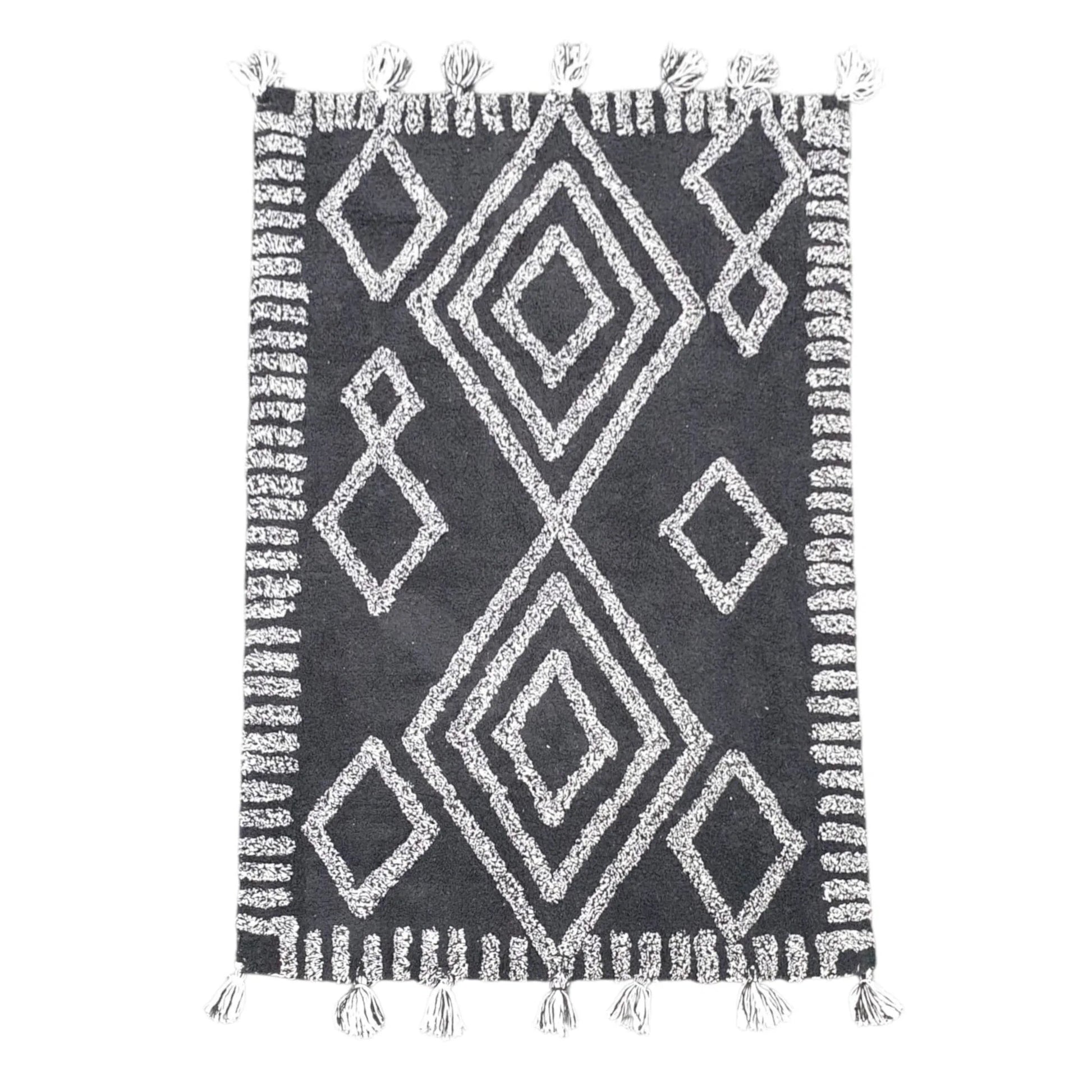 Full view of Indian cotton black diamond rug 120 x 80 cm with ivory geometric pattern