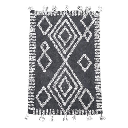 Full view of Indian cotton black diamond rug 120 x 80 cm with ivory geometric pattern