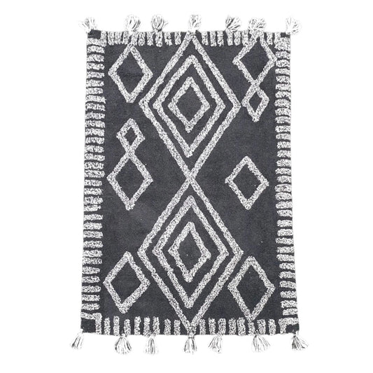 Full view of Indian cotton black diamond rug 120 x 80 cm with ivory geometric pattern