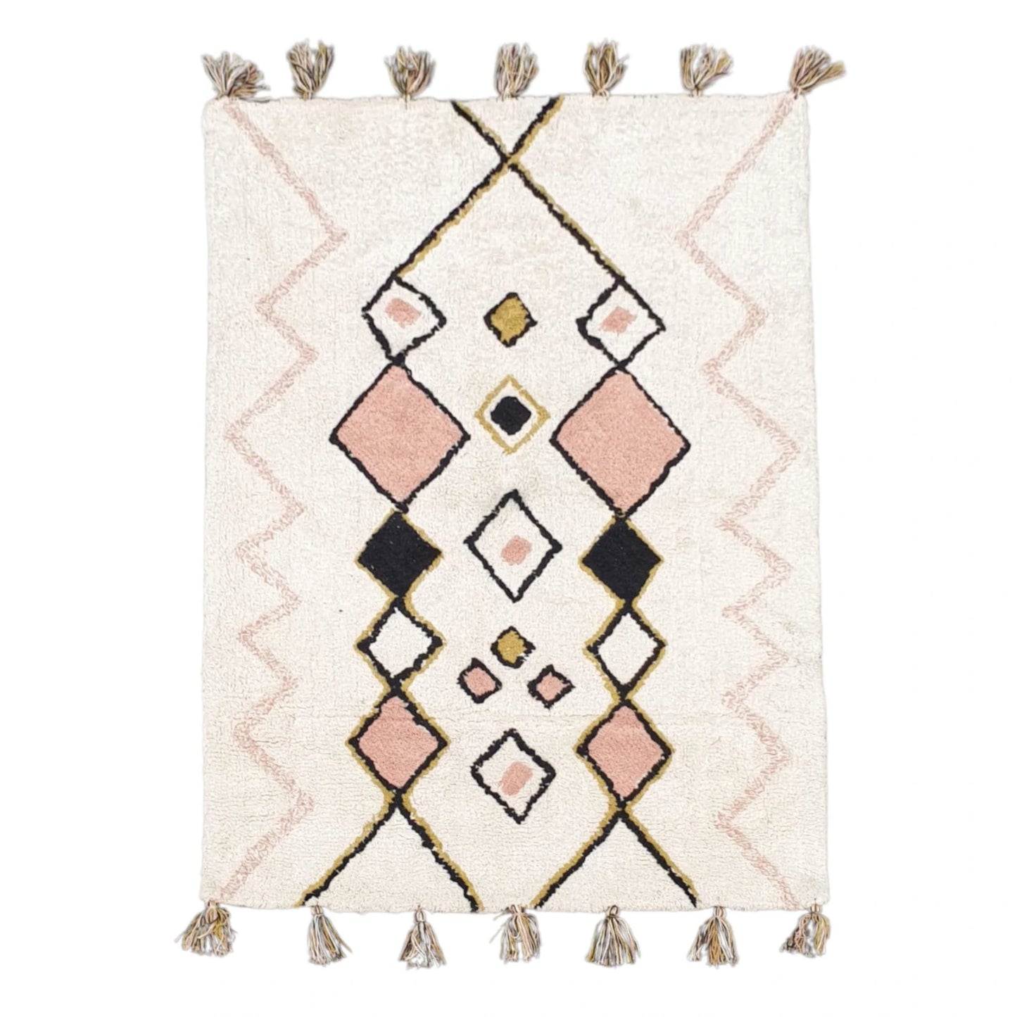 Full view of Indian cotton white diamond rug 120 x 80 cm with pink and black geometric pattern