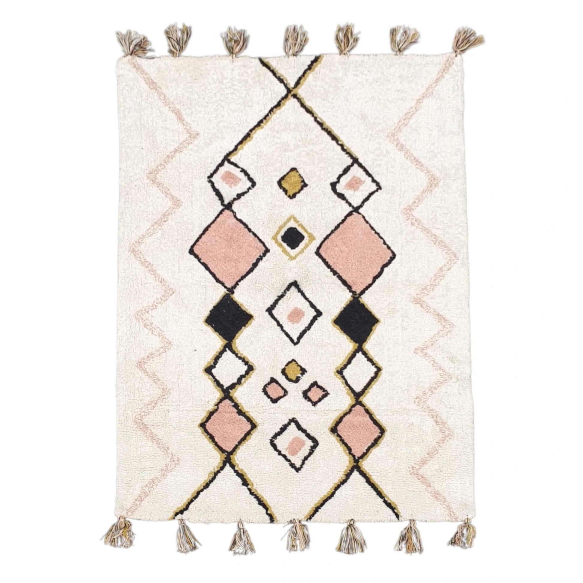 Full view of Indian cotton white diamond rug 120 x 80 cm with pink and black geometric pattern