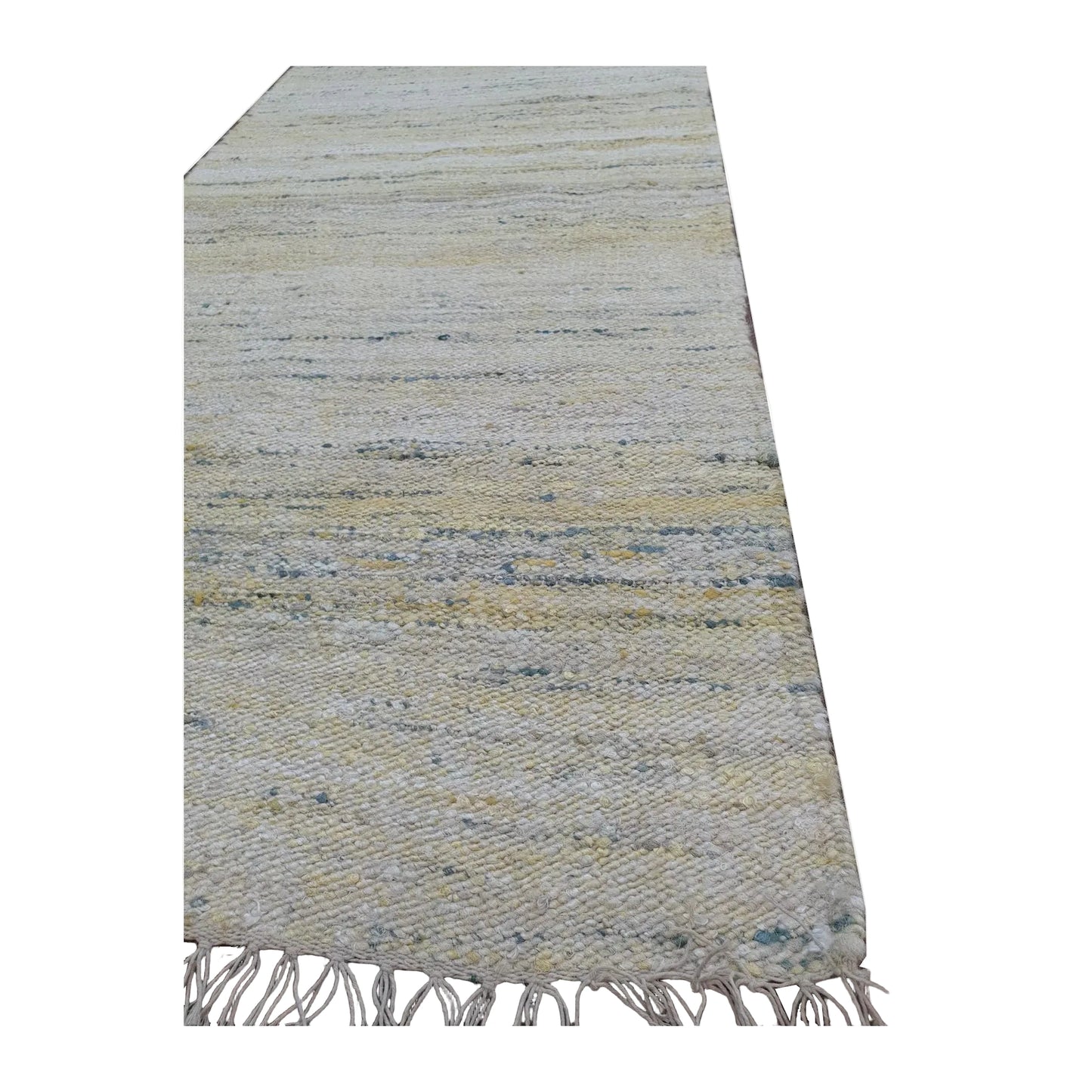 Angled fringe detail of Indian Dhurrie runner showing woven flatweave texture and softly blended stripe colours