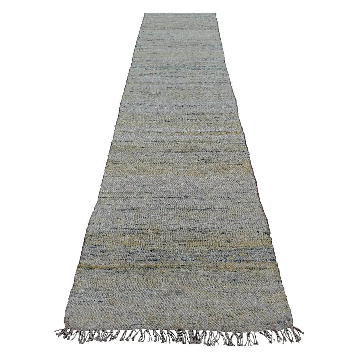 Indian Dhurrie runner rug 300 x 80 cm full view with off-white ground and pale blue, beige and muted yellow horizontal bands