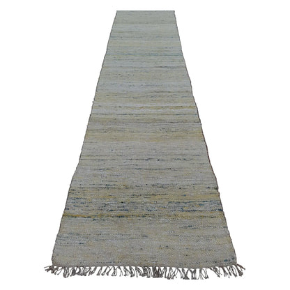 Indian Dhurrie runner rug 300 x 80 cm full view with off-white ground and pale blue, beige and muted yellow horizontal bands