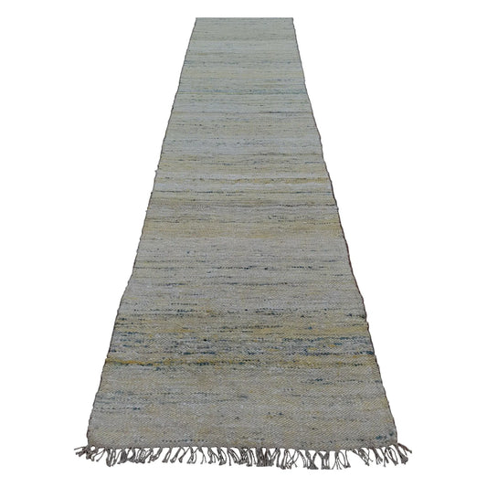 Indian Dhurrie runner rug 300 x 80 cm full view with off-white ground and pale blue, beige and muted yellow horizontal bands