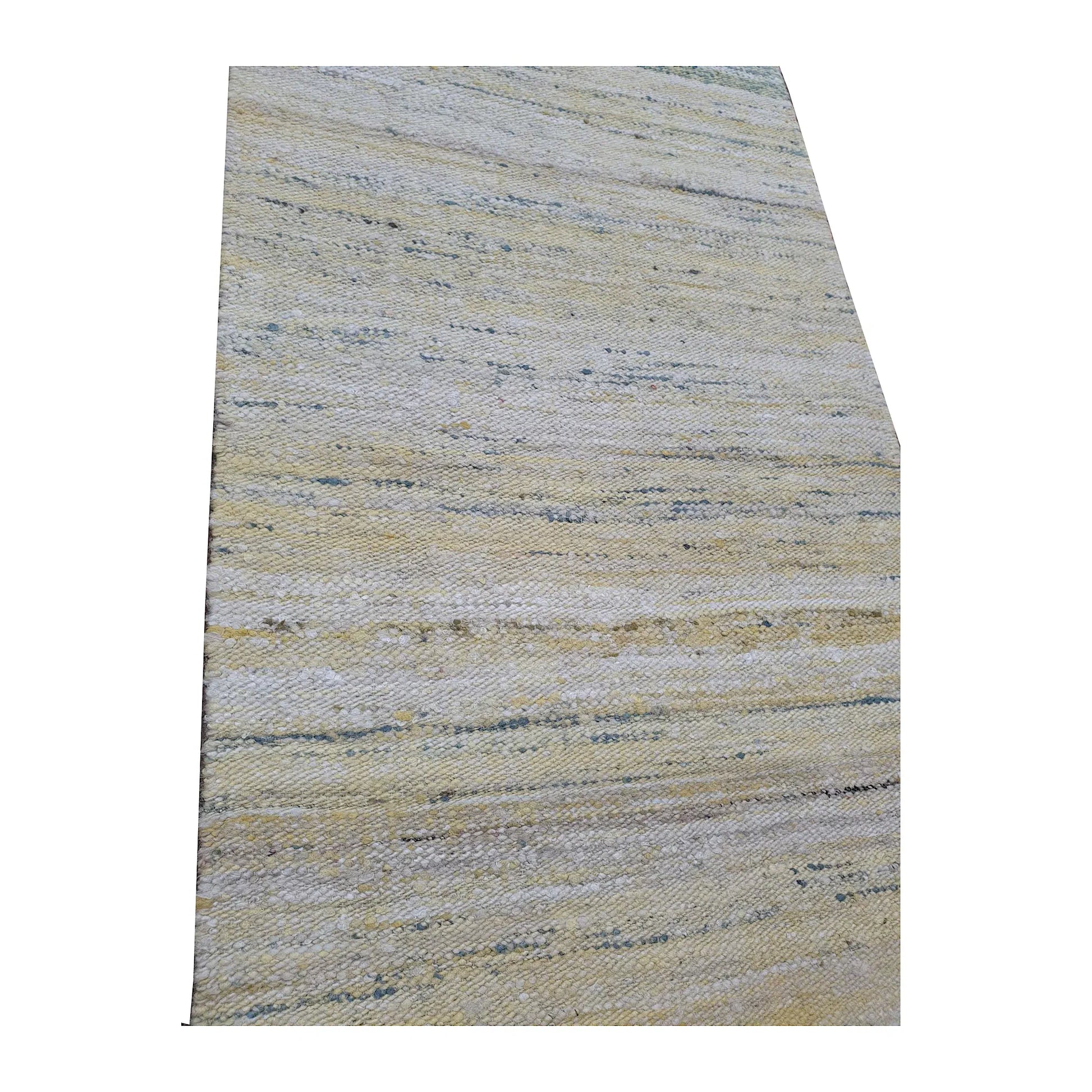 Close-up of Indian Dhurrie runner showing off-white, pale blue, beige and muted yellow horizontal weave