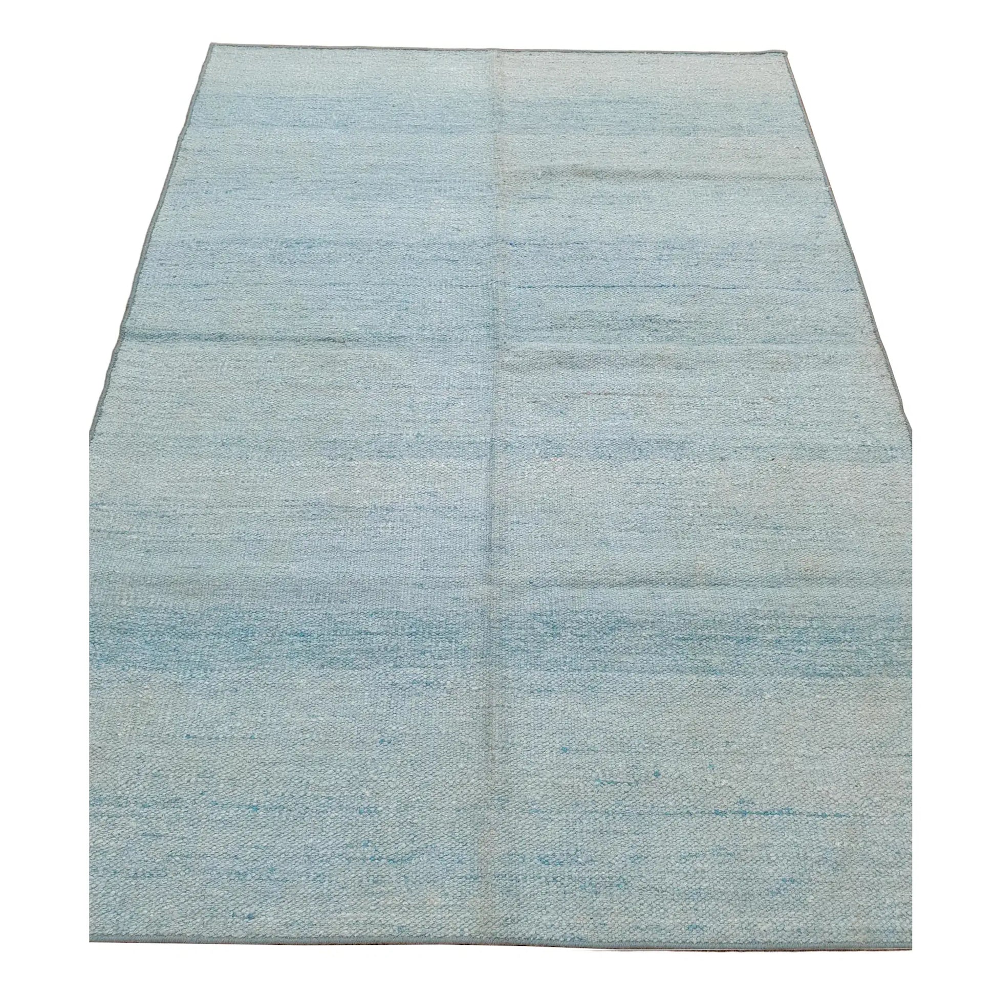 Indian Dhurrie rug 232 x 163 cm full view with light blue and off-white softly variegated field