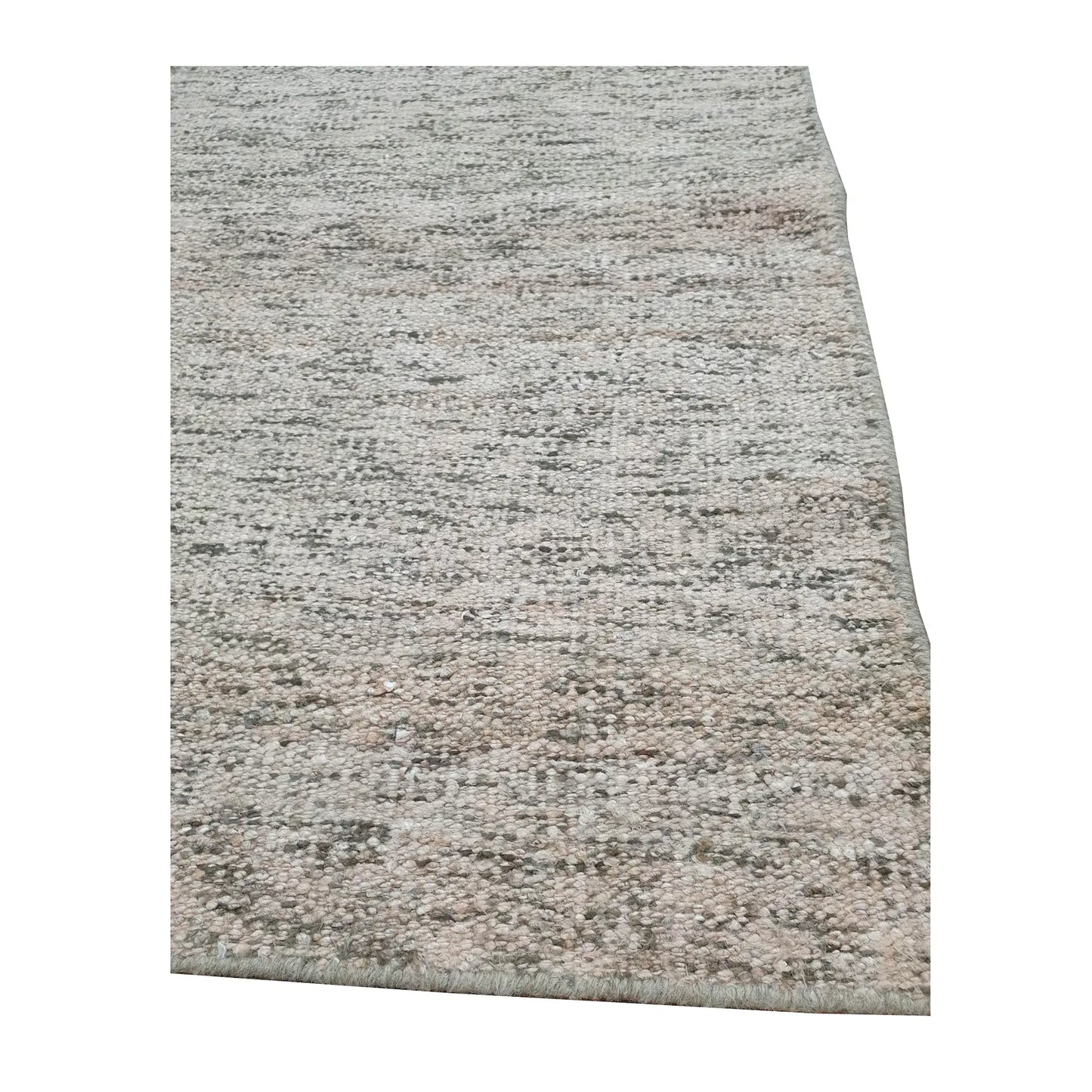 Edge detail of Indian Dhurrie rug showing fine off-white, charcoal and beige flatwoven texture
