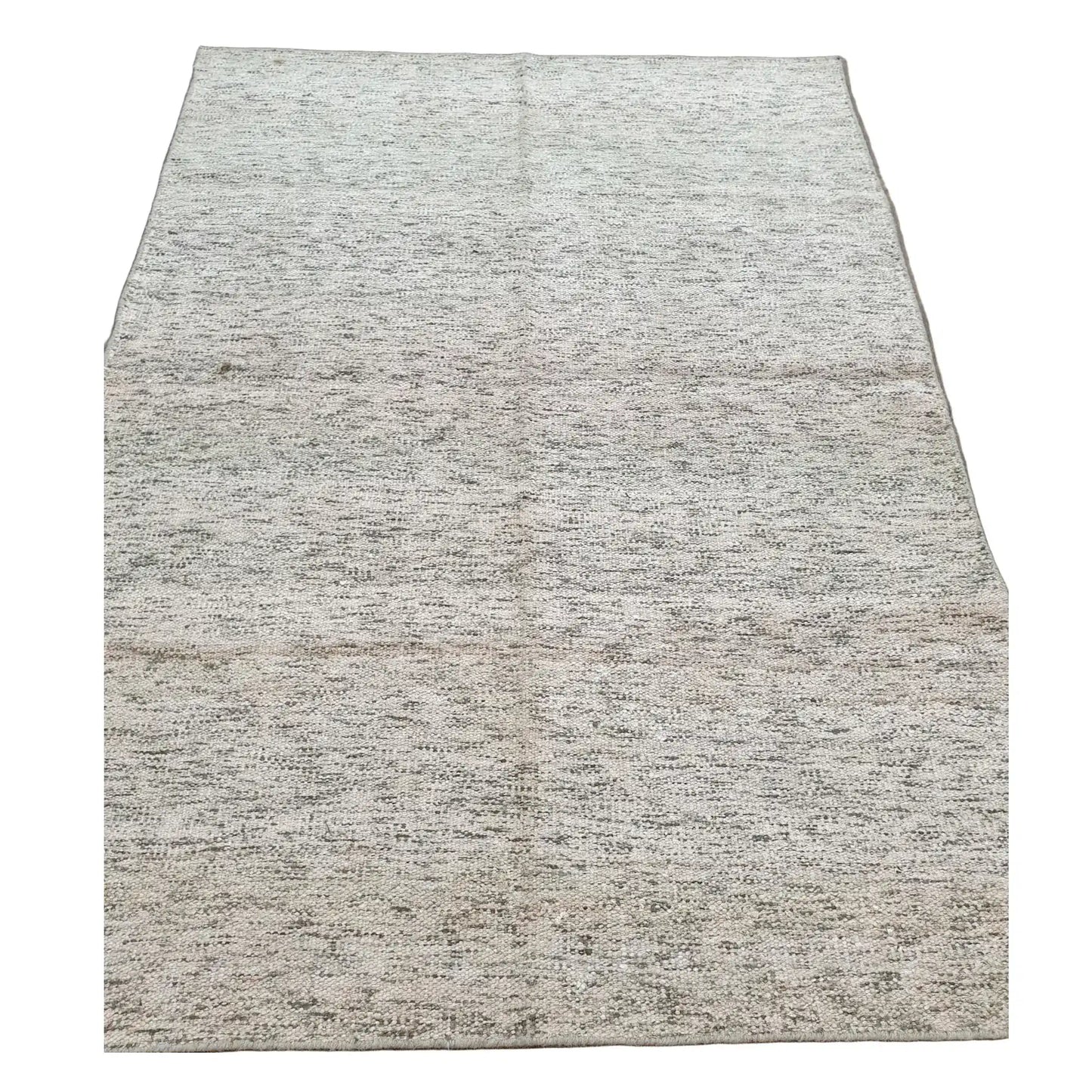 Indian Dhurrie rug 233 x 167 cm full view with off-white field and softly variegated charcoal and beige weave