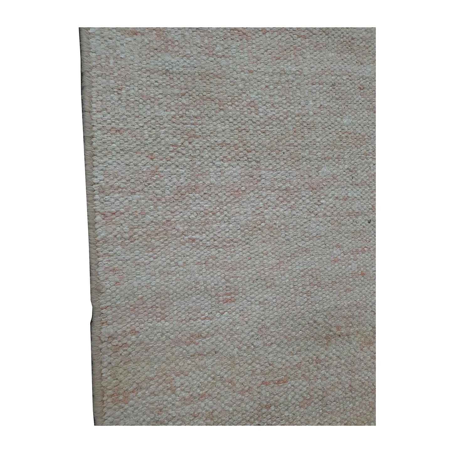 Close-up of Indian Dhurrie runner showing pale peach flecks across the off-white woven surface