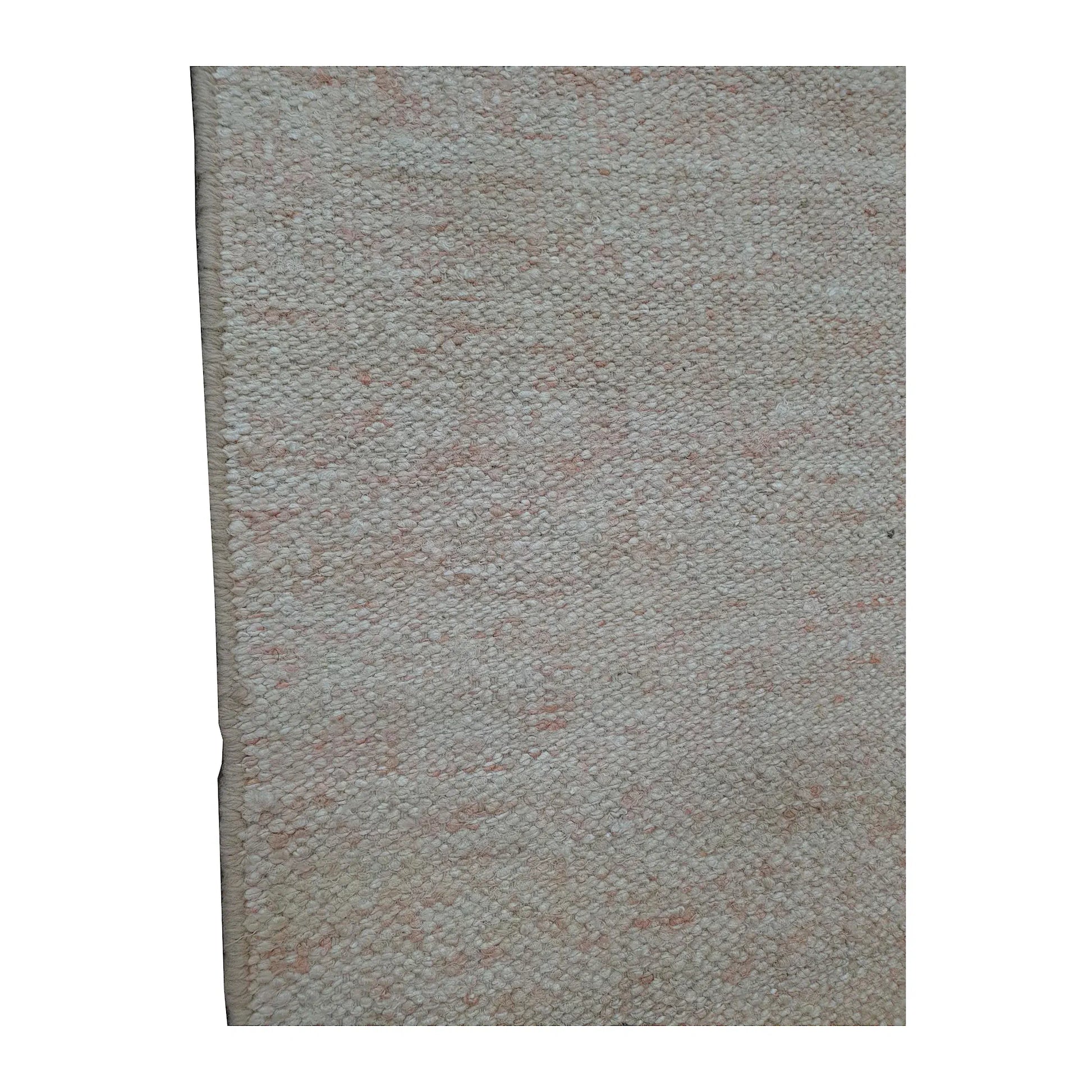 Close-up of Indian Dhurrie runner showing pale peach flecks across the off-white woven surface