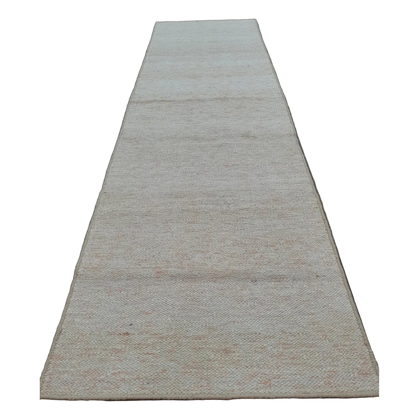 Indian Dhurrie runner rug 300 x 80 cm full view with off-white ground and pale peach woven flecks