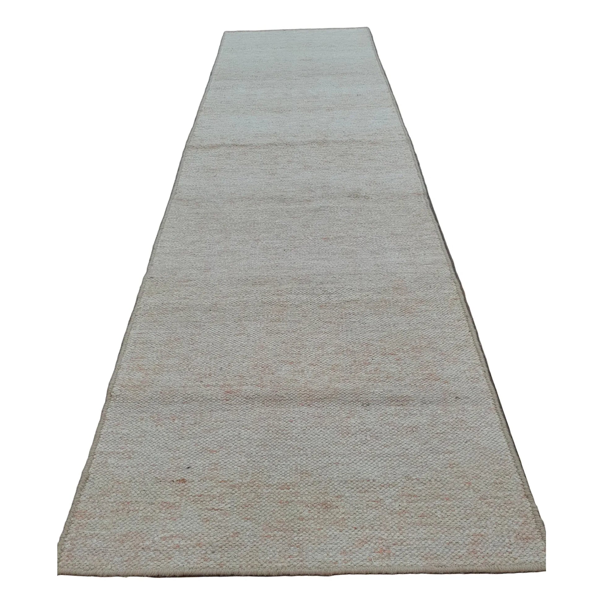 Indian Dhurrie runner rug 300 x 80 cm full view with off-white ground and pale peach woven flecks