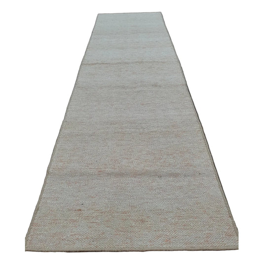 Indian Dhurrie runner rug 300 x 80 cm full view with off-white ground and pale peach woven flecks