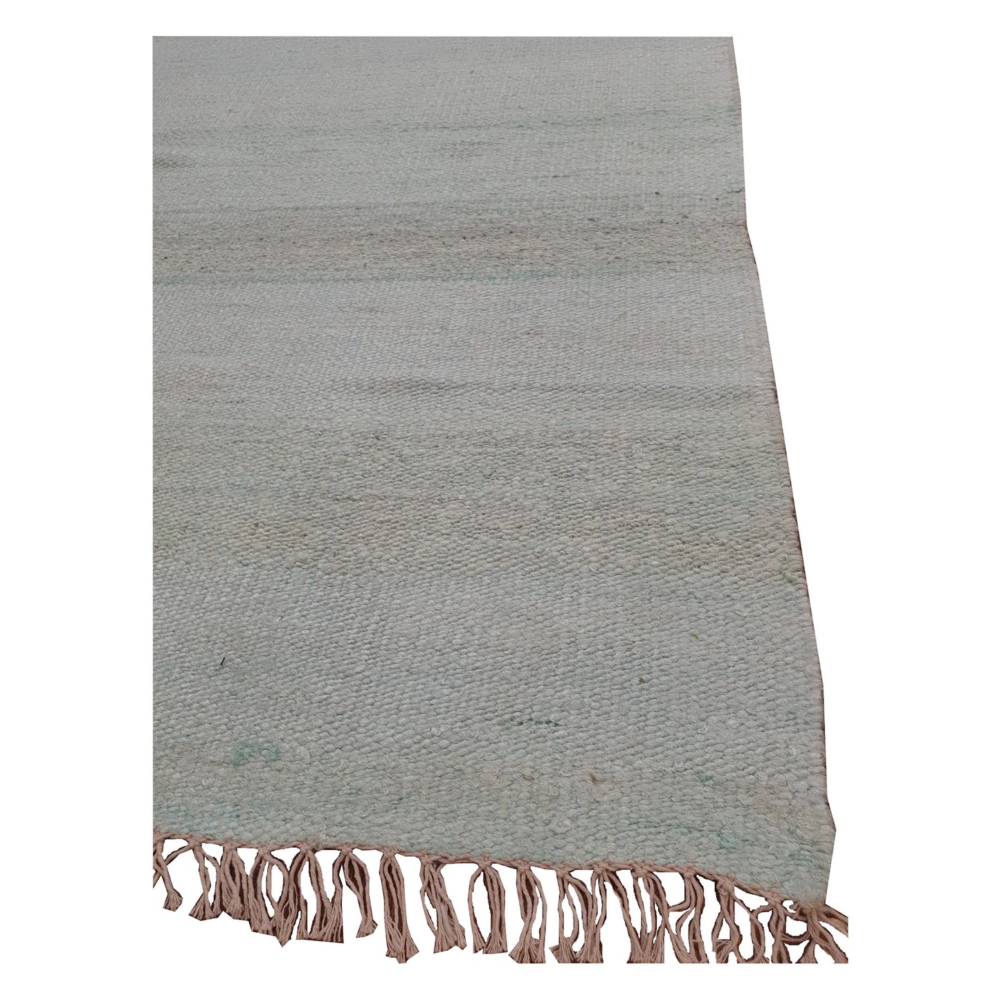 Fringe detail of Indian Dhurrie runner showing pale aqua and off-white handwoven flatweave texture
