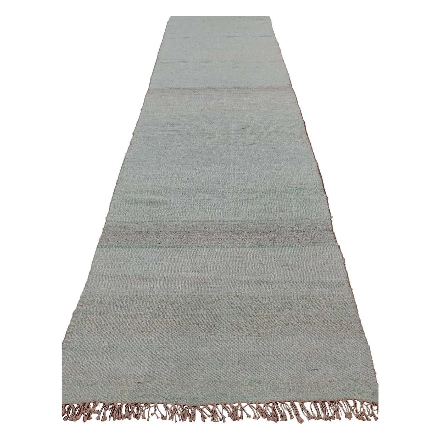 Indian Dhurrie runner rug 303 x 77 cm full view with pale aqua and off-white softly variegated weave